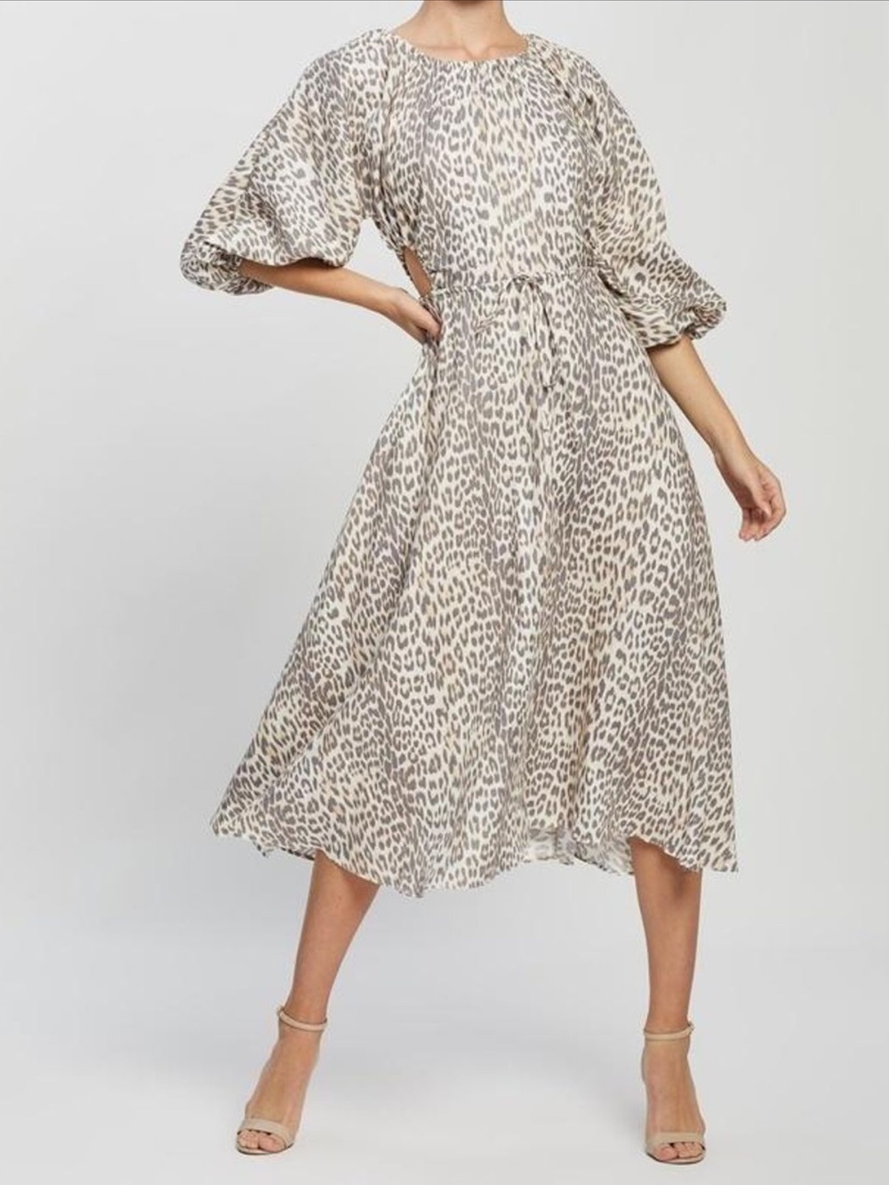 Bec & Bridge Ocelot Midi Dress Linen Neutral Leopard Print Side Cutout-2